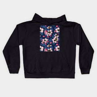 Apple blossom on dark blue Kids Hoodie